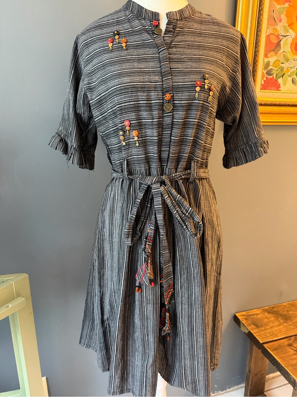Black Striped Midi Dress with Tie Waist and Embroidered Accents